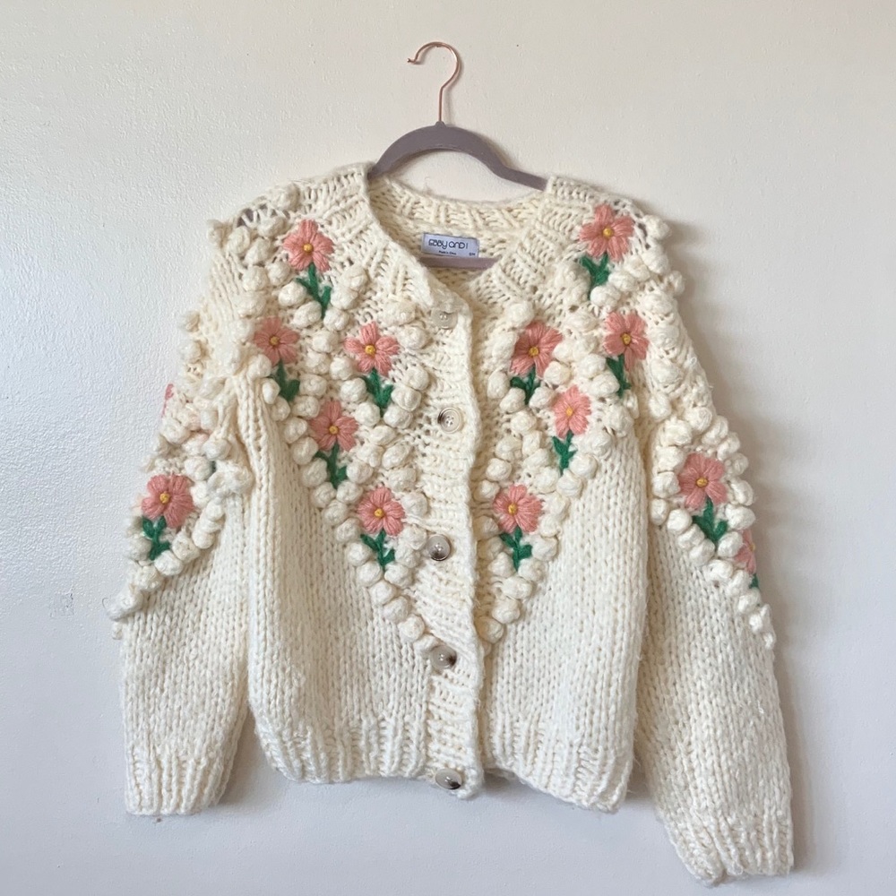 Handmade Knit Sweater Floral Cardigan Size S-XL